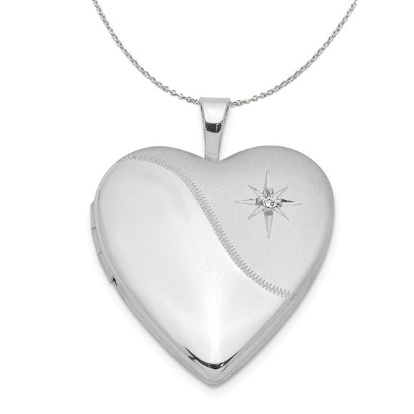 20mm Polished and Satin Diamond Heart Silver Locket Necklace - 16 In
